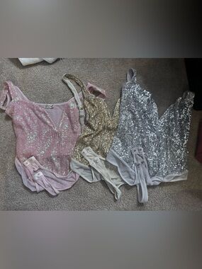 Free People Sequin Halter Bodysuit Trio in Pink, Gold & Silver